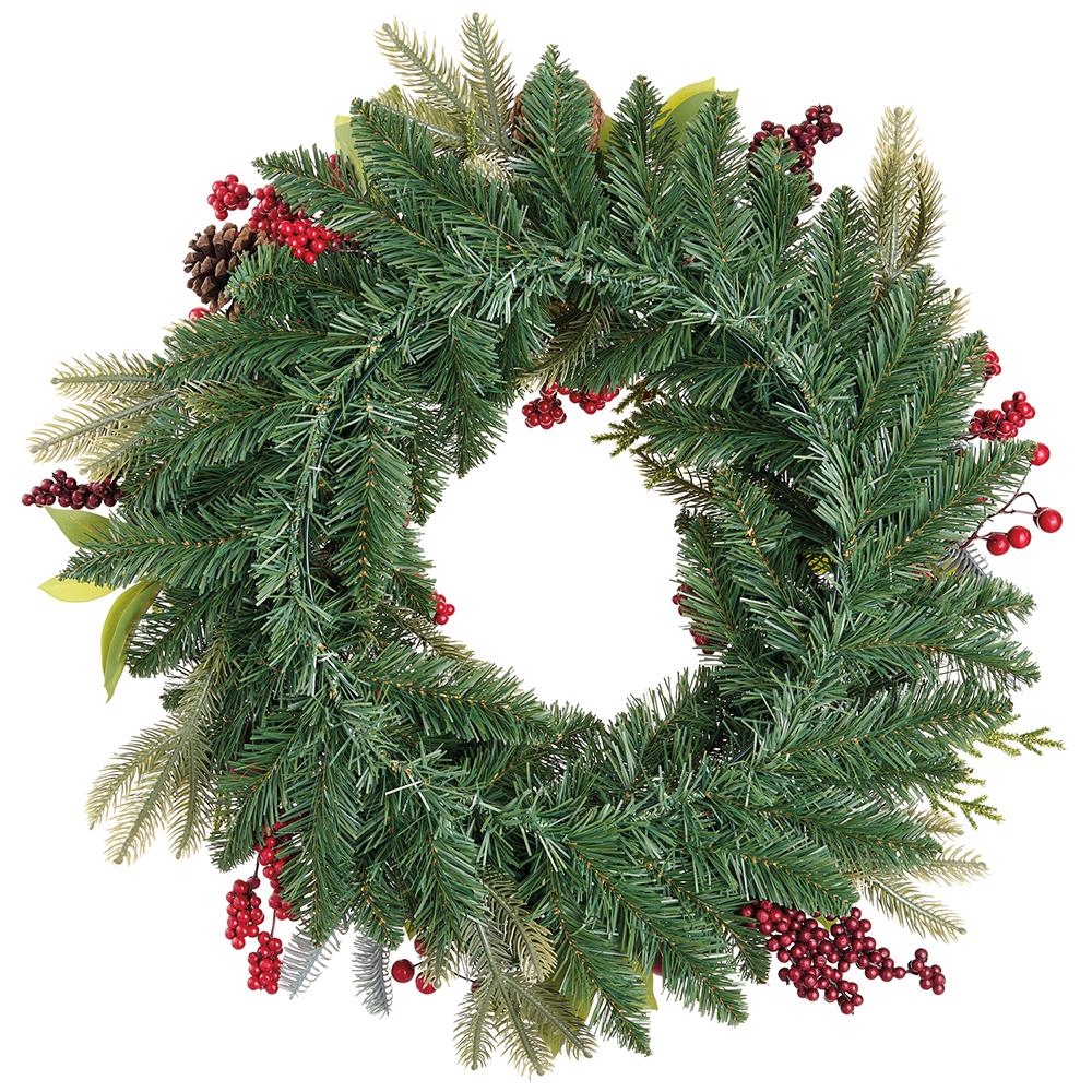 24-inch artificial evergreen wreath with red berries and pine cones.