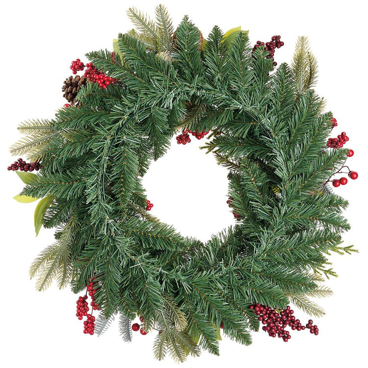 24-inch artificial evergreen wreath with red berries and pine cones.