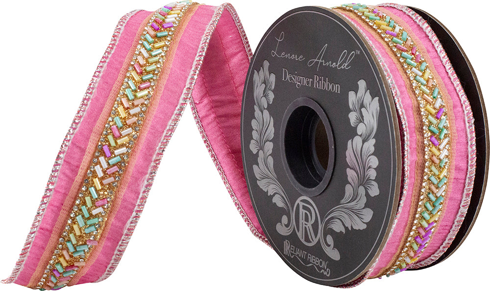 Pink beaded dupioni wired edge ribbon with colorful bugle beads on a spool.