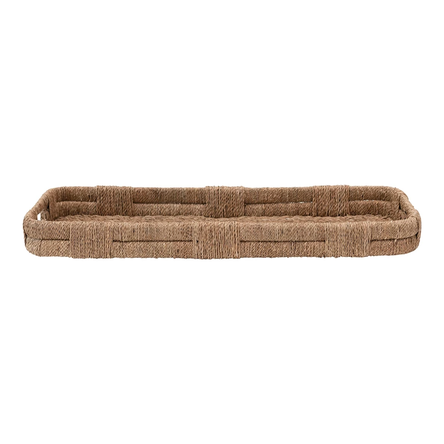 Hand-woven Bankuan tray with handles featuring a natural brown rattan pattern on wire frame