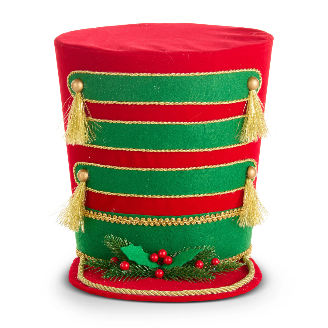 10.75-inch red and green felt Ringmaster Hat Tree Topper with gold tassels and holly accents.