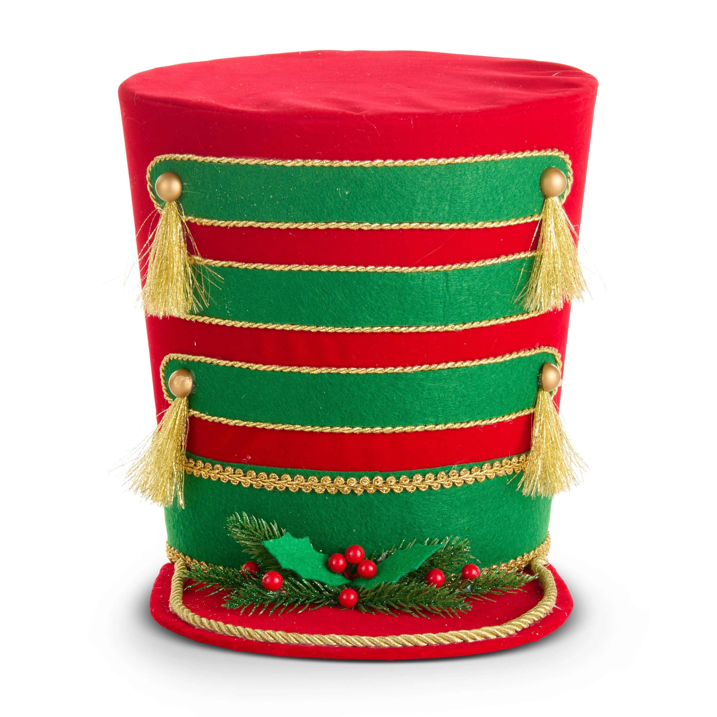 10.75-inch red and green felt Ringmaster Hat Tree Topper with gold tassels and holly accents.
