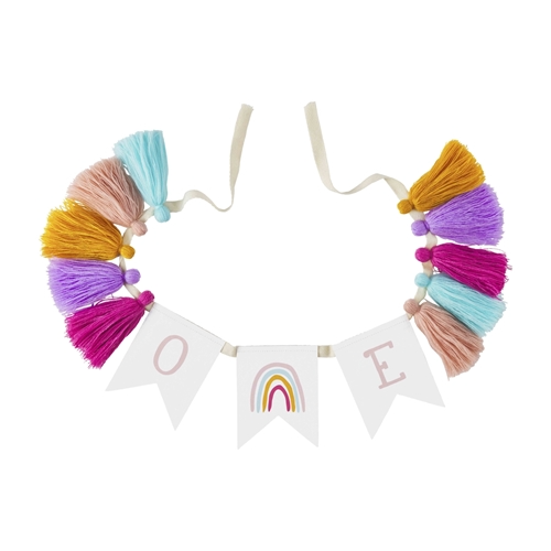 Paper first birthday banner with multi-color tassels on twill tape
