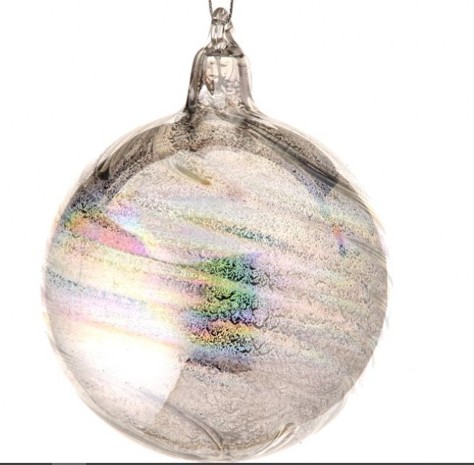 Clear iridescent glass ornament with a spherical shape.
