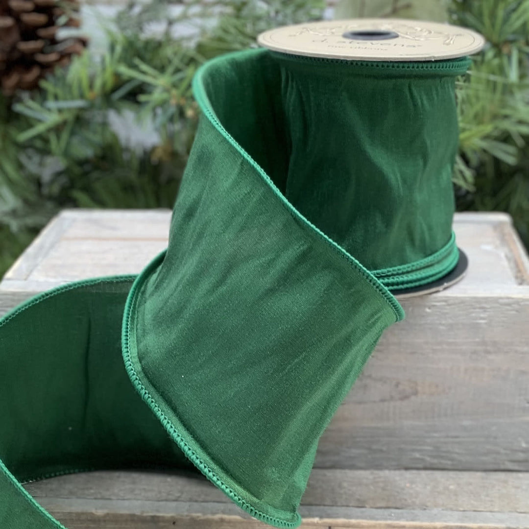 4-inch wide New Taffeta ribbon in forest green with a subtle sheen.