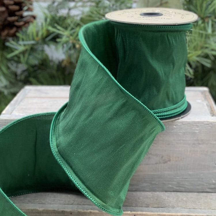 4-inch wide New Taffeta ribbon in forest green with a subtle sheen.