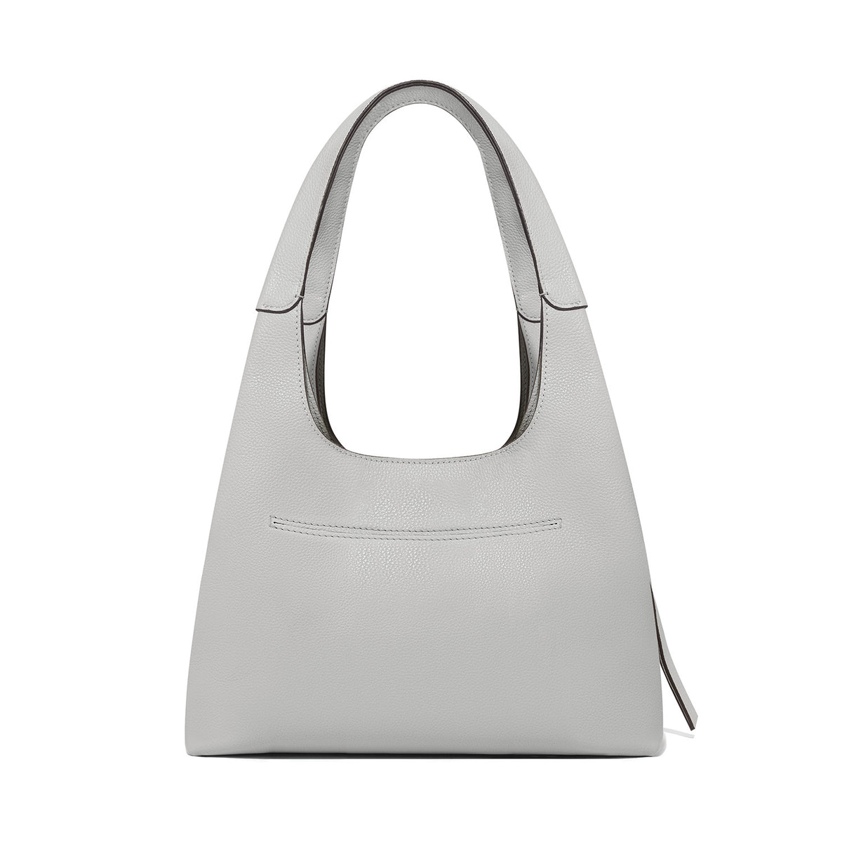 Sterling grey leather Interlock Selene Shoulder Bag with a curved handle and exterior slip pocket.