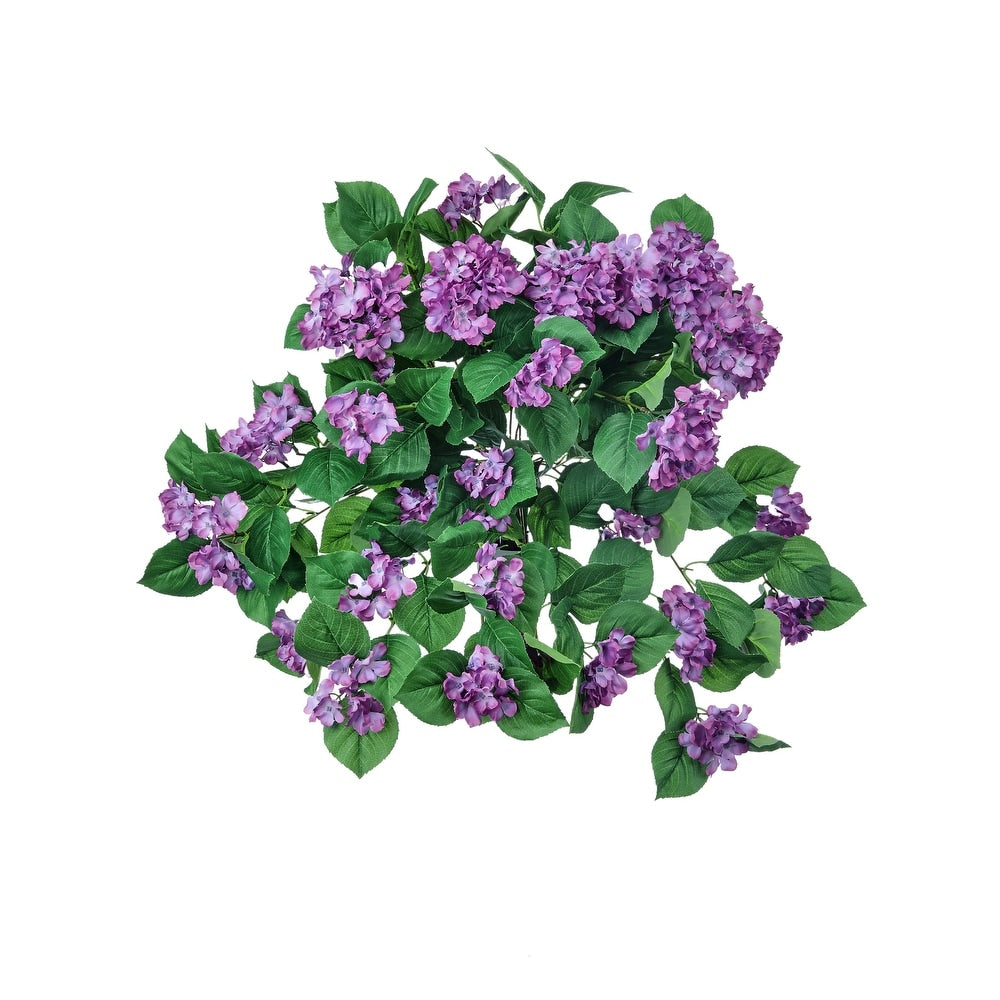 Hanging artificial hydrangea plant with green foliage in a dark planter