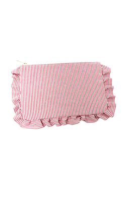 Red and white striped seersucker pouch with ruffles and a gold zipper.