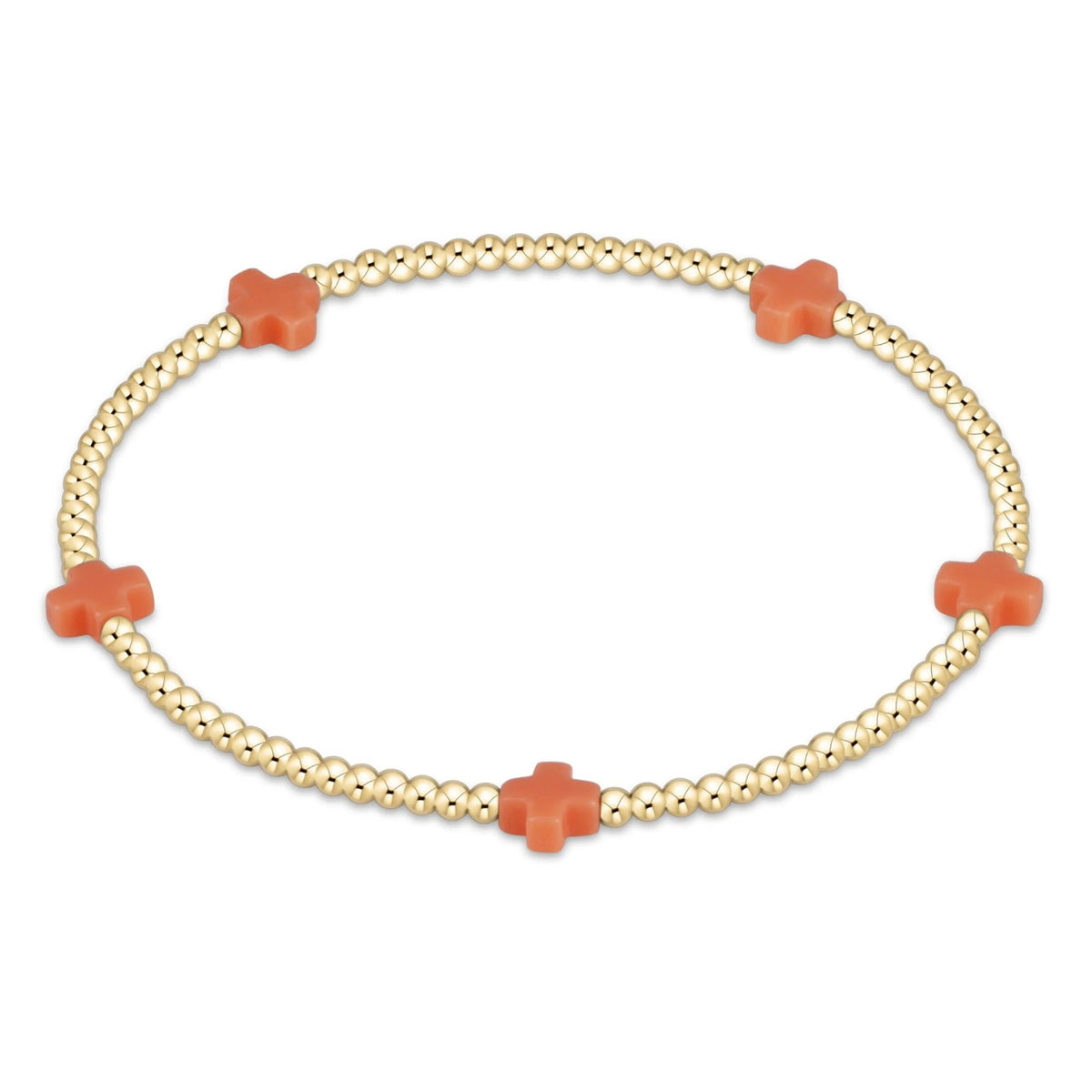 Signature Cross 2mm gold-filled bead bracelet with five small coral-colored cross charms.