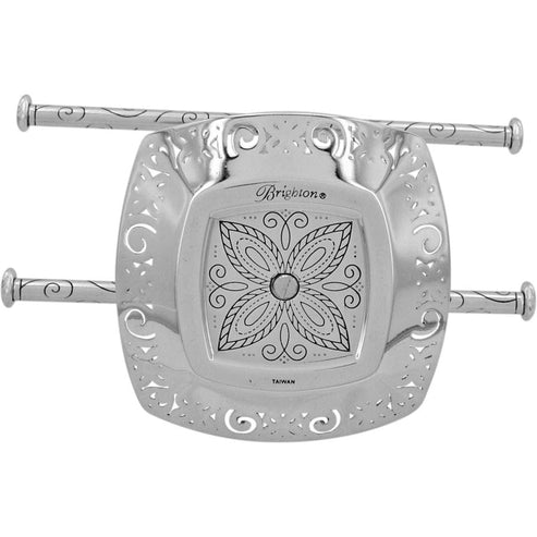 Silver plated Lacie Daisy bangle holder with a rectangular frame holding bracelets.