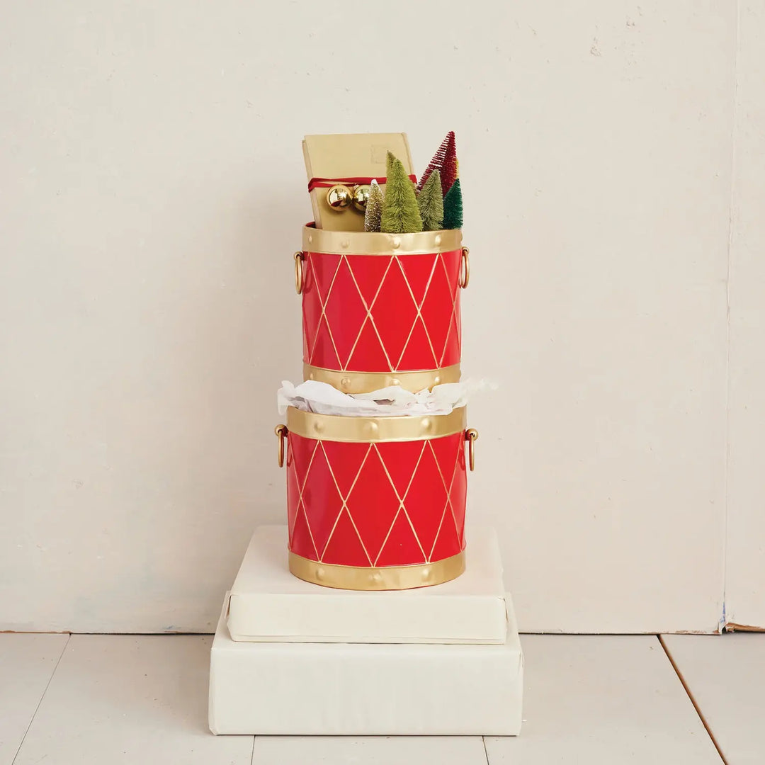 Iron Drum Shaped Buckets Red & Gold Color - Sold Individually