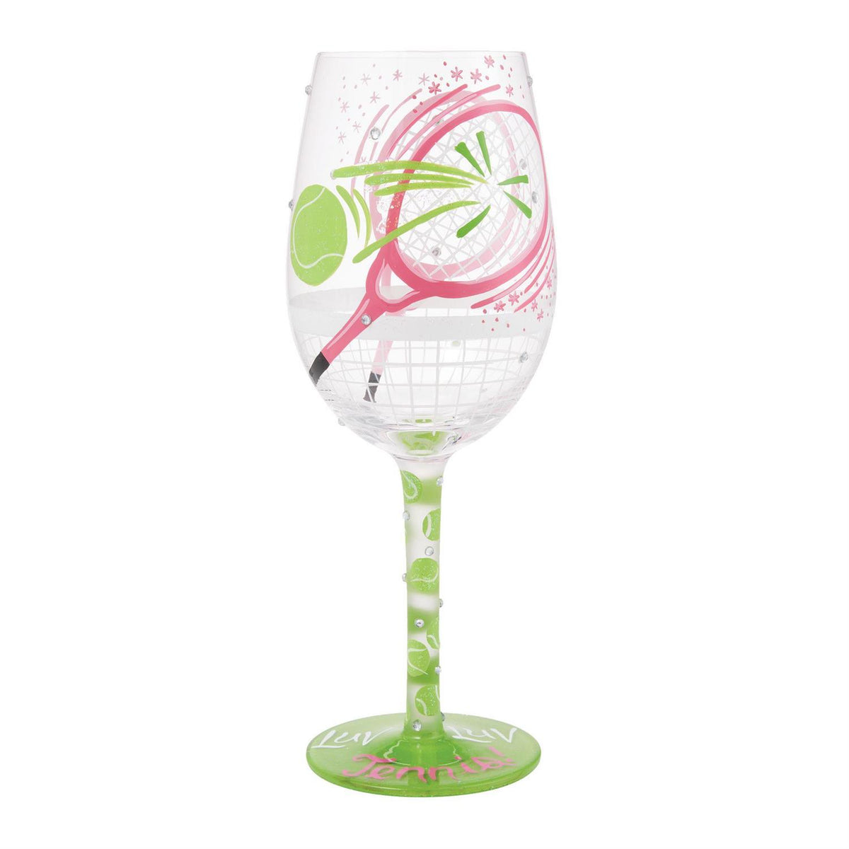 Blown glass wine glass with hand-painted cocktail recipe base, glitter accents, and festive colorful design.