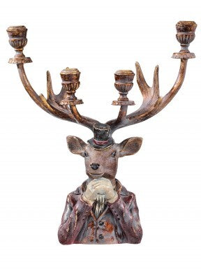 16.5-inch resin gentleman deer candle holder with four candle cups and antlers wearing a top hat.