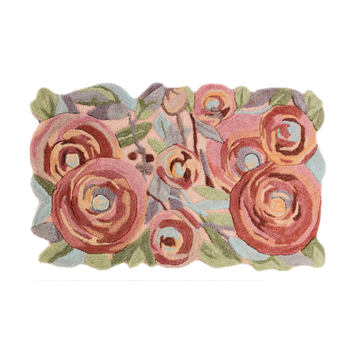 Rug with rose-toned floral pattern on NZ wool and viscose base.