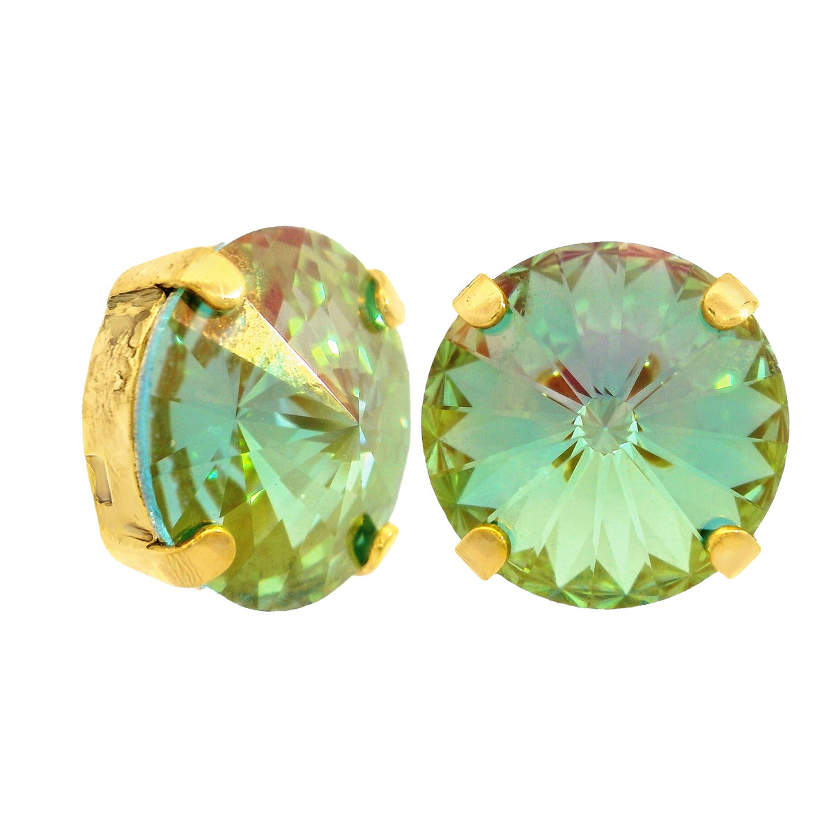 Antique gold-plated stud earring with a large round crystal on surgical steel post