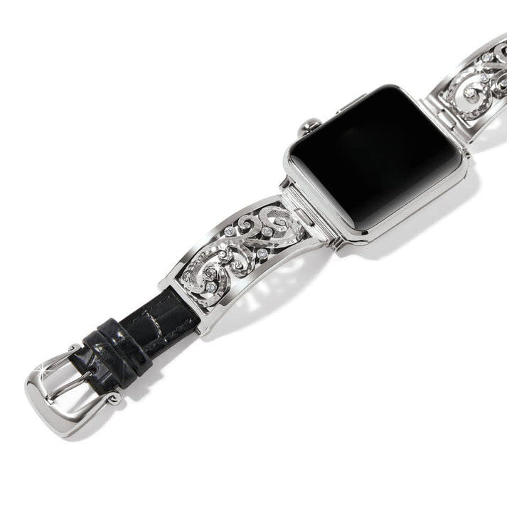Silver-plated cuff-style watch band with black leather strap and buckle closure.