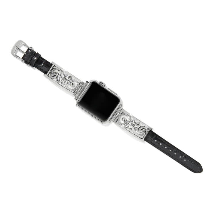Silver-plated cuff-style watch band with black leather strap and buckle closure.