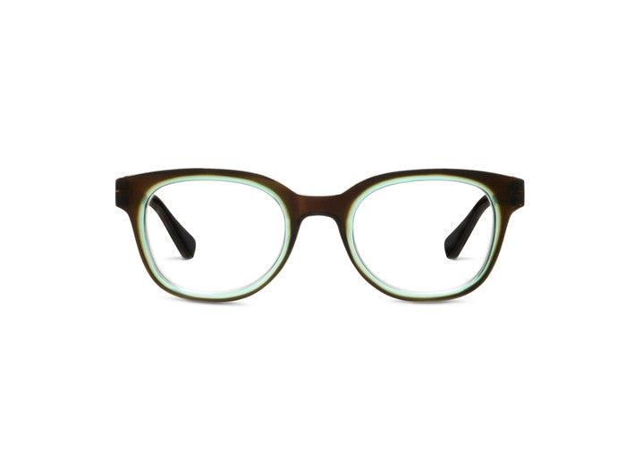 Spell round polycarbonate eyeglasses in matte brown with a light blue inner rim.