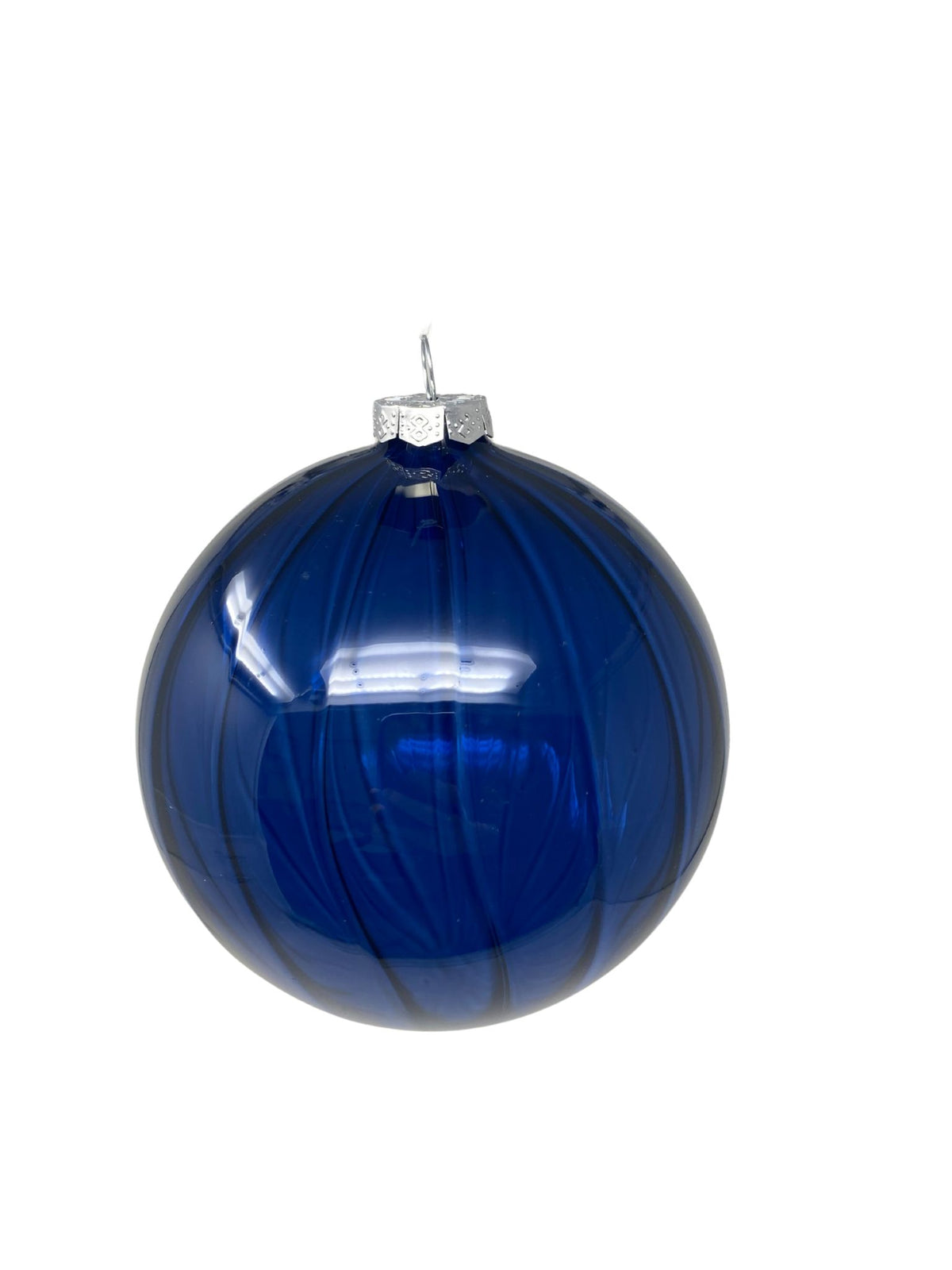 Clear glass ball ornament with vertical stripe detailing