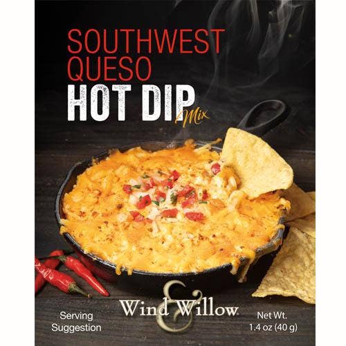 Southwest Queso Hot Dip Mix packet showing a red chili pepper graphic on white packaging.