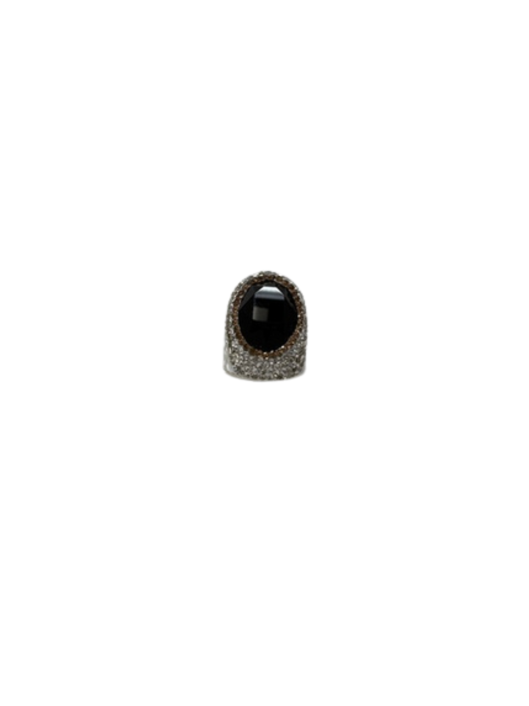 Fashion gemstone ring featuring a large oval black stone surrounded by pavé-set crystals.