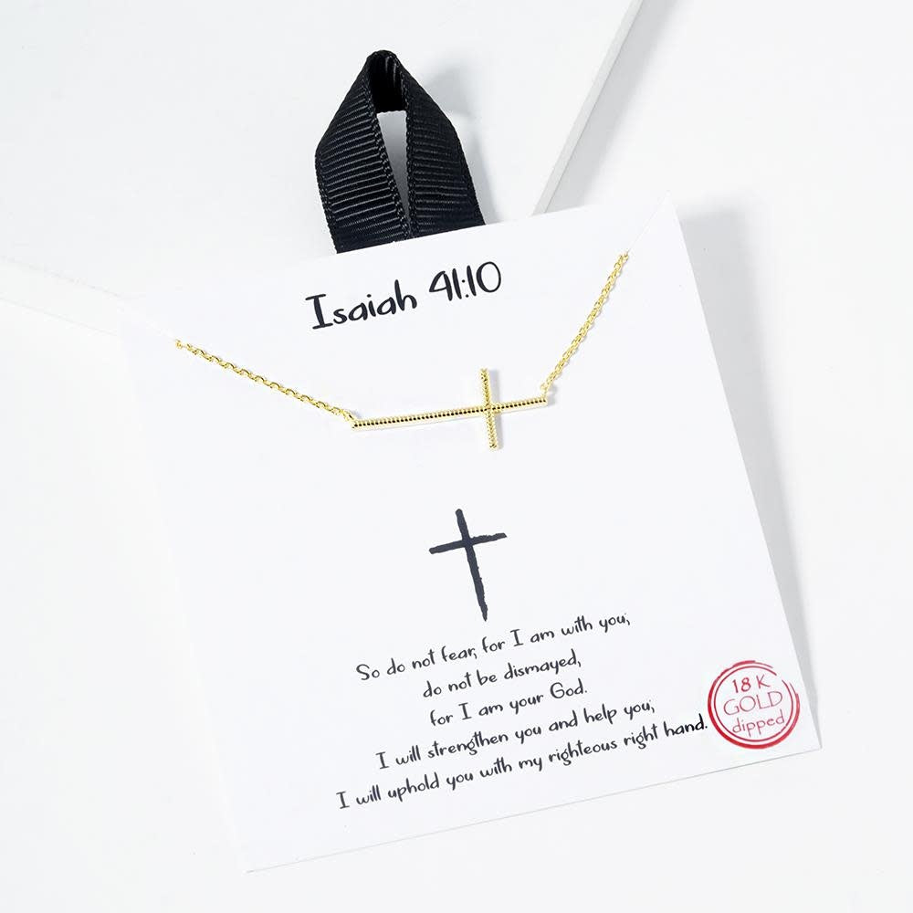 Gold necklace featuring an Isaiah 41:10 pendant with rhodium dip and brass construction.