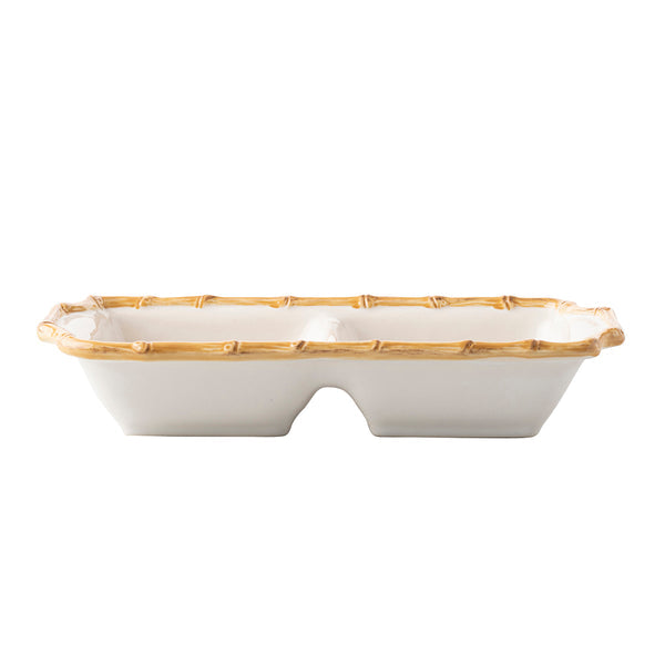 White ceramic double section server with a natural bamboo-style rim.