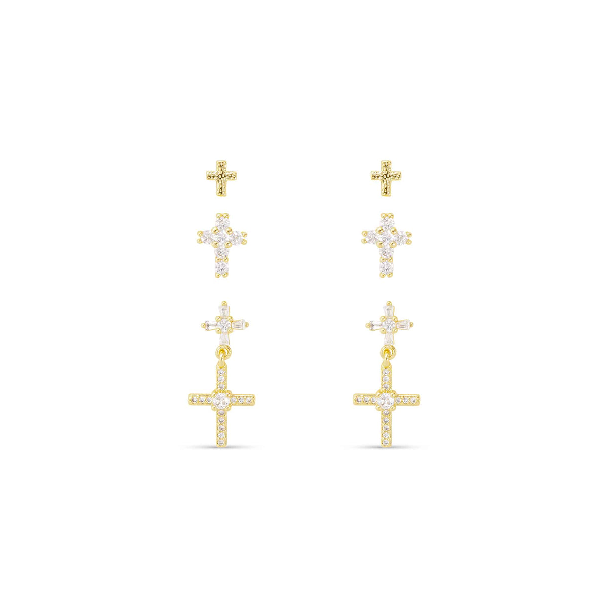 Three pairs of gold-tone cross stud and drop earrings with clear cubic zirconia accents.