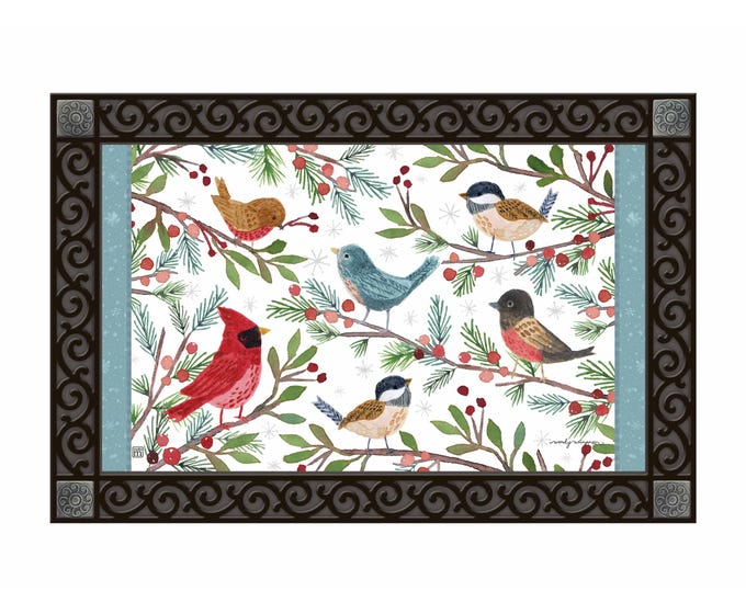 Winter Bird Branches Matmate with interchangeable recycled rubber tray in natural tones.