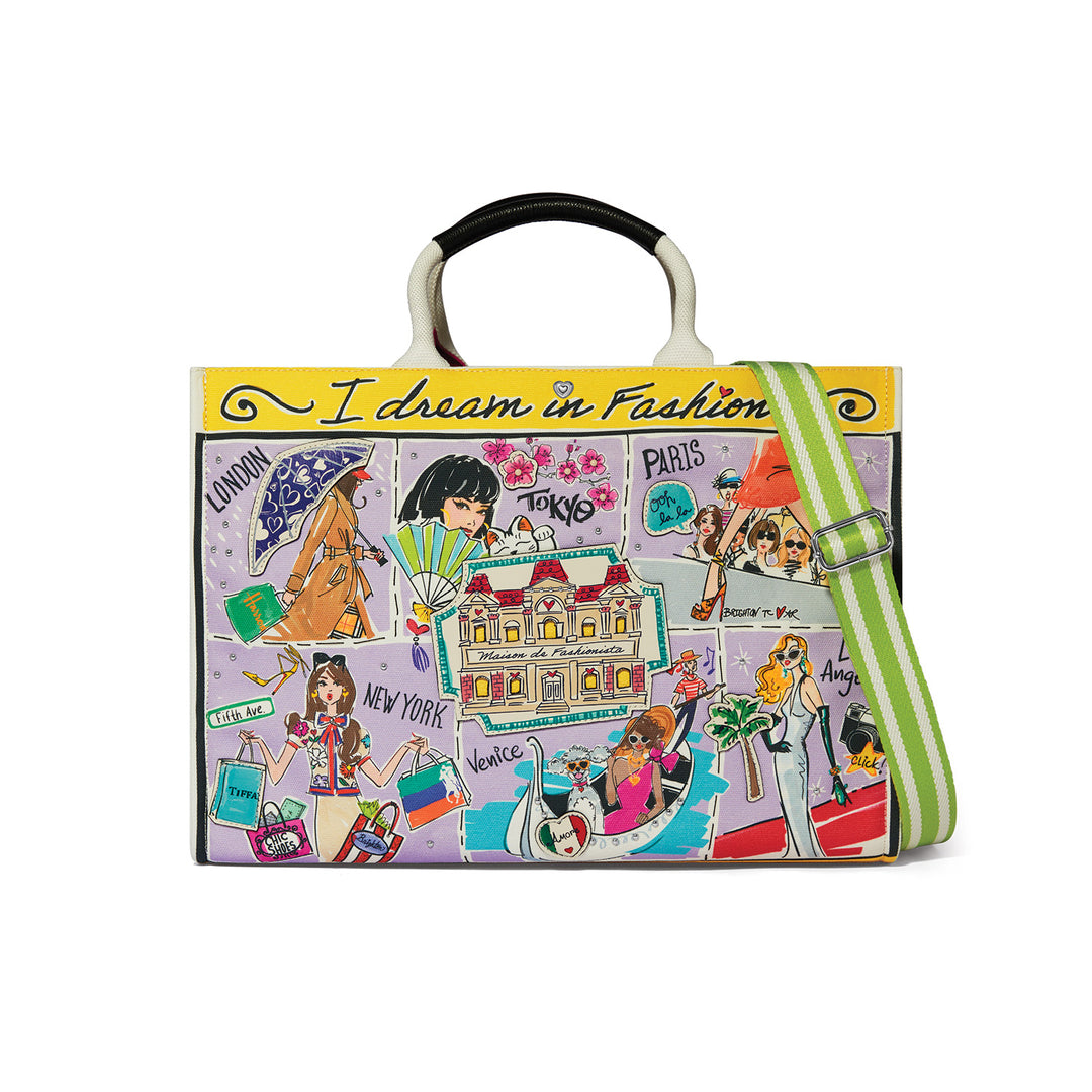 Fashionista Wanderlust Large Canvas Tote with colorful city-themed artwork and green striped strap.