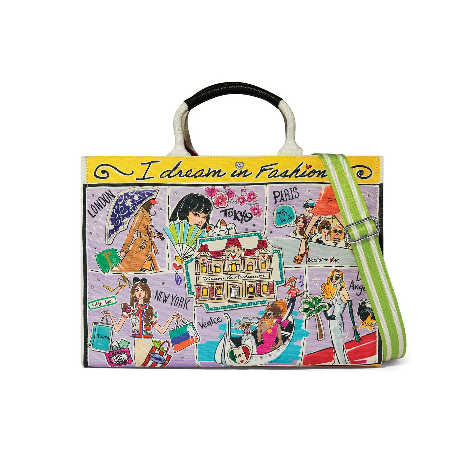 Fashionista Wanderlust Large Canvas Tote with colorful city-themed artwork and green striped strap.