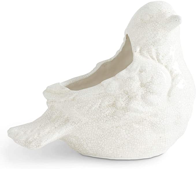 Cream stoneware bird pot with crackle glaze finish in a rounded silhouette.