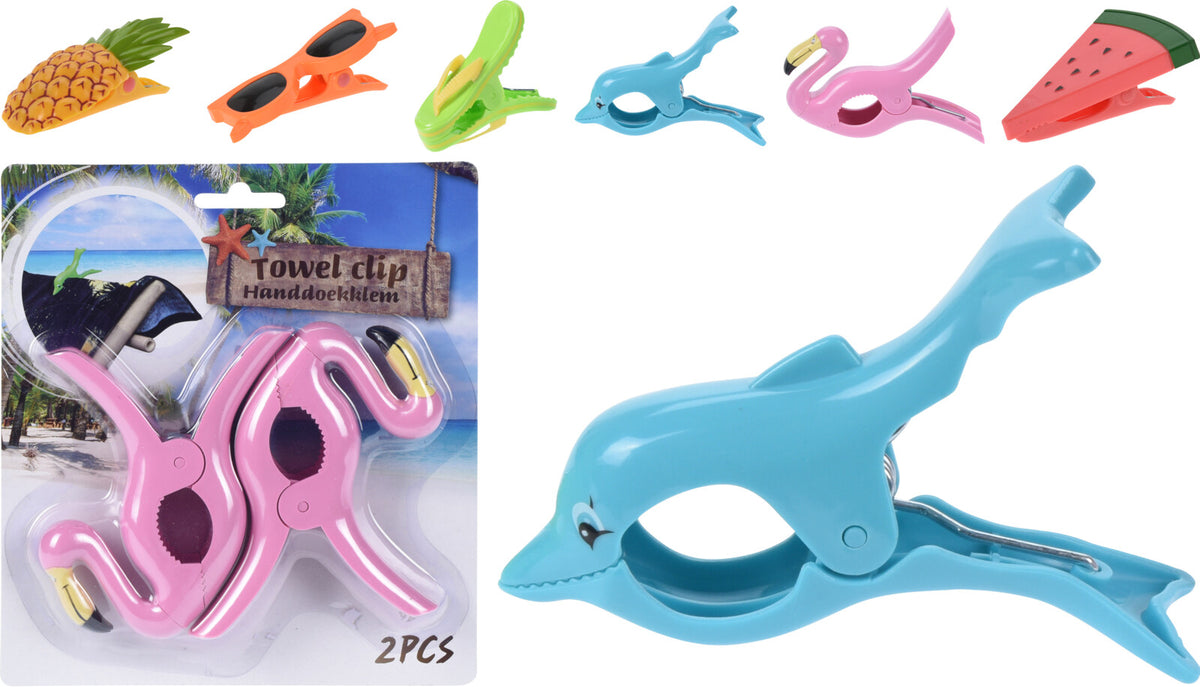 Two white plastic towel clips with a simple curved hook design.