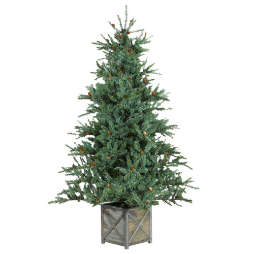 6.5' unlit green Littleton Spruce artificial Christmas tree in a rustic wooden box stand.