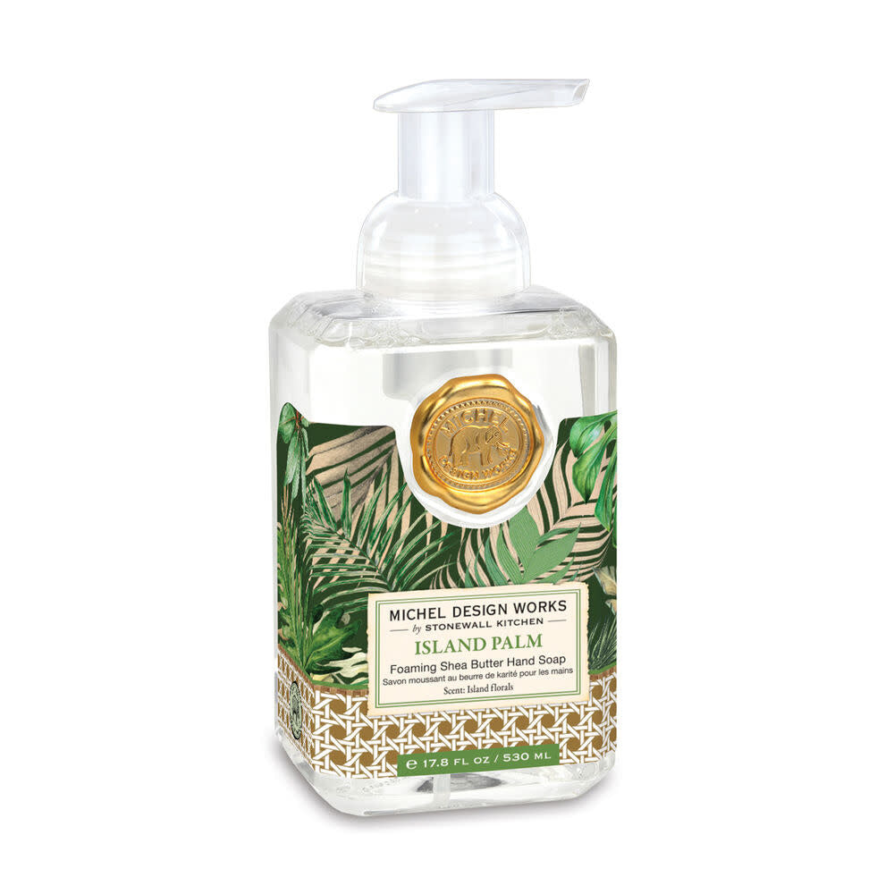 Bottle of Island Palm foaming hand soap in a clear container with light blue liquid.