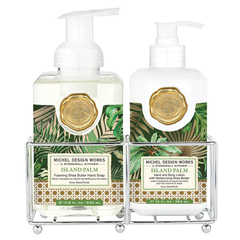 Hand Care Caddy containing foaming hand soap and lotion with an island palm theme.