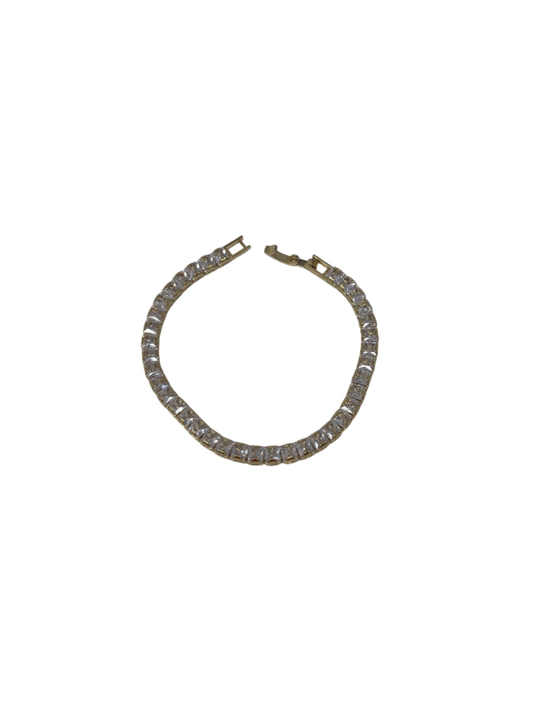Gold crystal clasp bracelet featuring a row of square-cut clear stones in a gold-tone setting.
