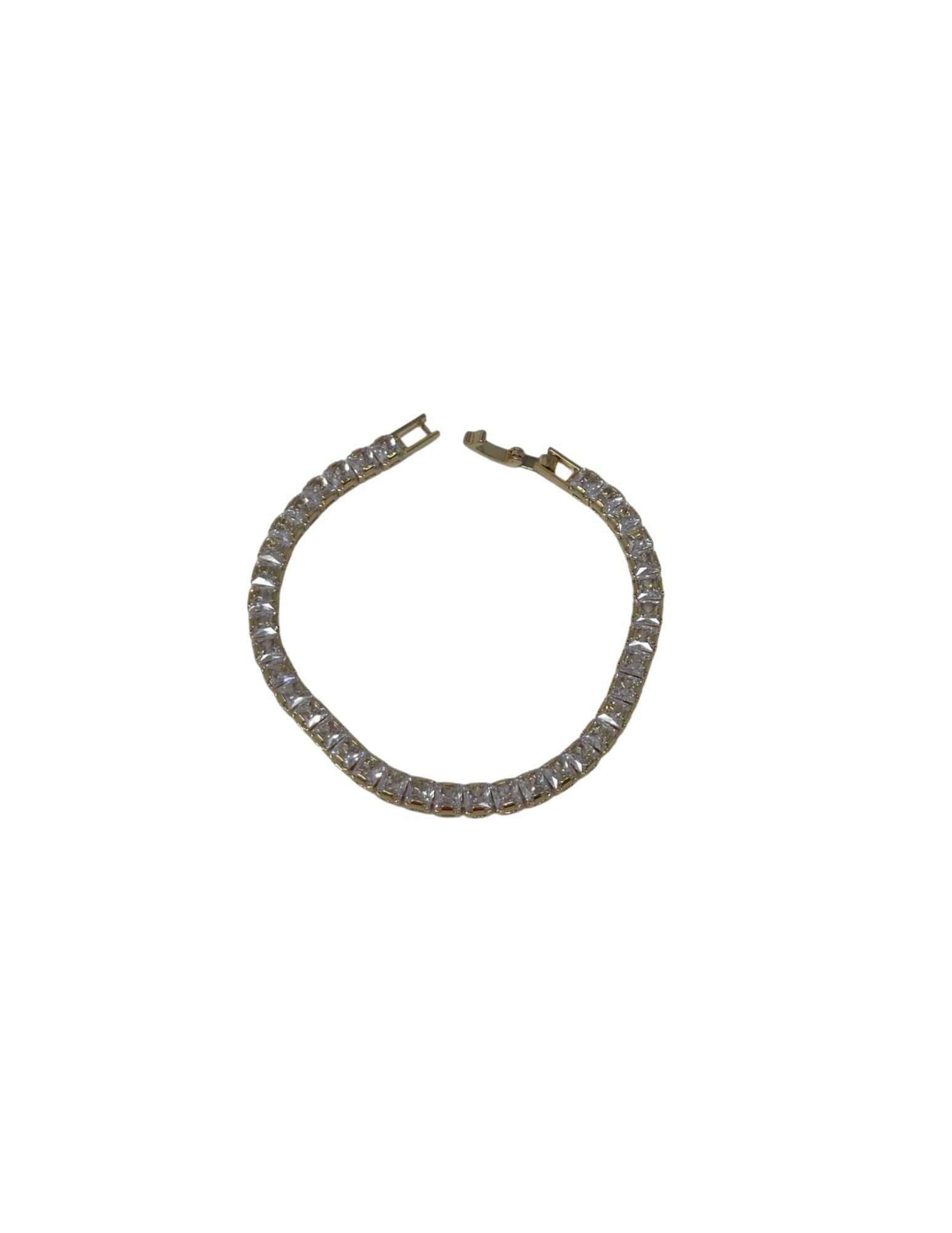 Gold crystal clasp bracelet featuring a row of square-cut clear stones in a gold-tone setting.