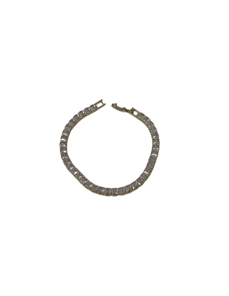 Gold crystal clasp bracelet featuring a row of square-cut clear stones in a gold-tone setting.