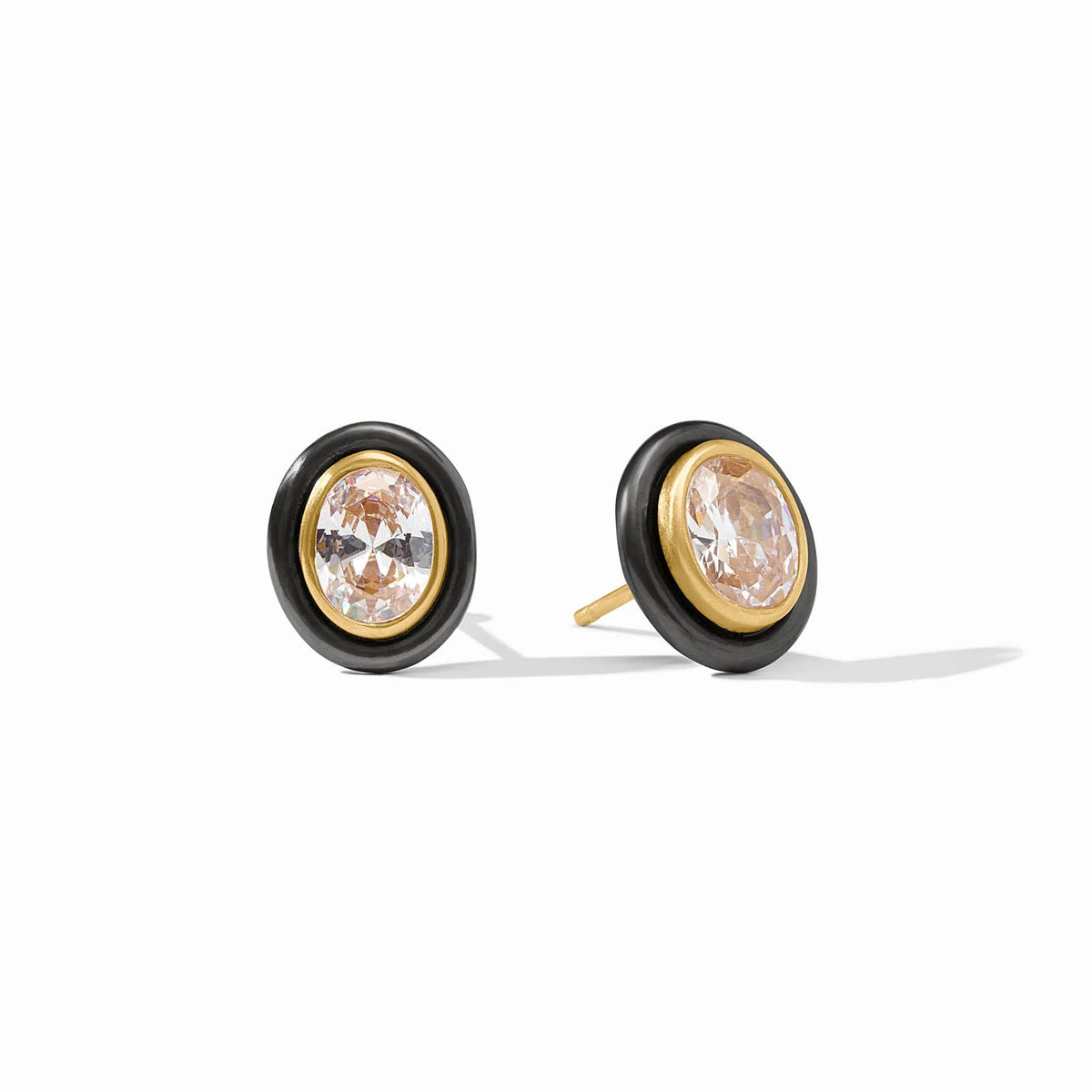 Tribeca Stud Cubic Zirconia earrings with oval CZ stones, gold bezels, and black outer rings.