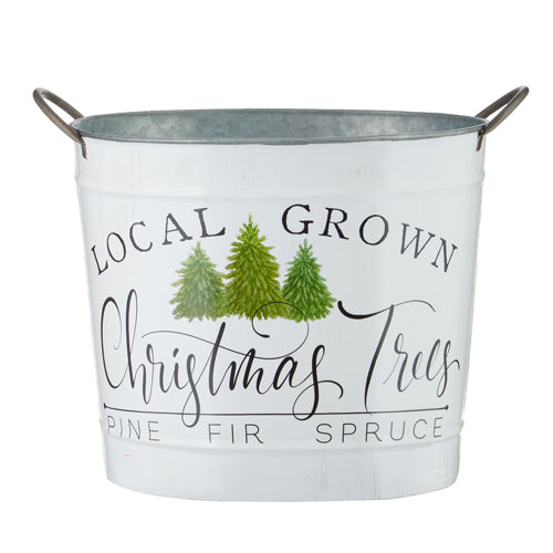Metal bucket with handle featuring a printed design of locally grown Christmas trees.