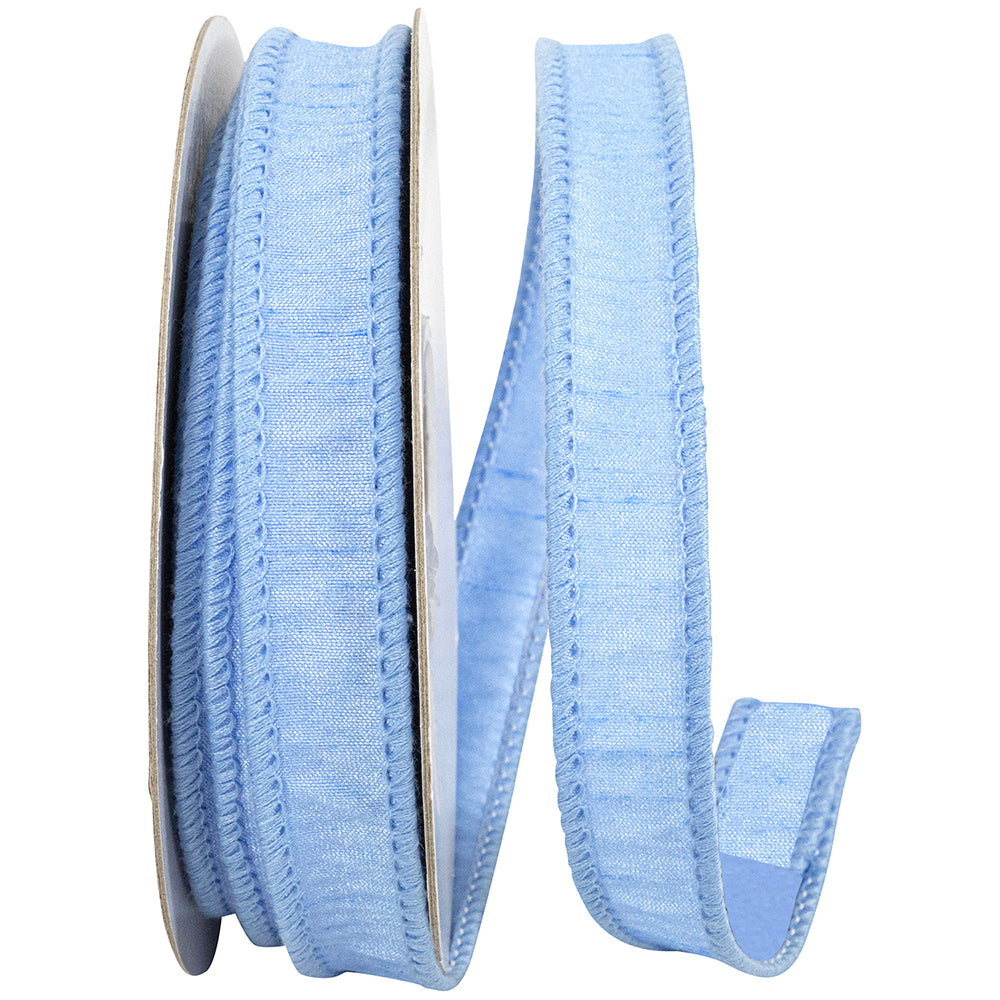 7/8 inch wide Dupioni wired edge ribbon in a solid color with textured fabric.
