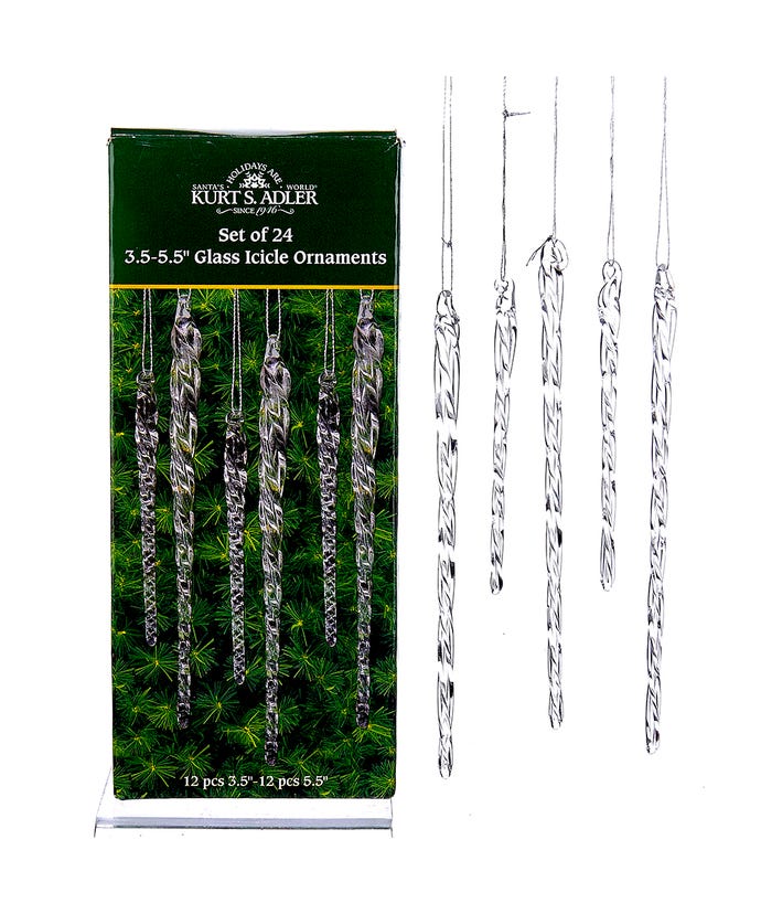 Set of 24 Kurt S. Adler twisted clear glass icicle ornaments in 3.5 and 5.5 inch sizes.