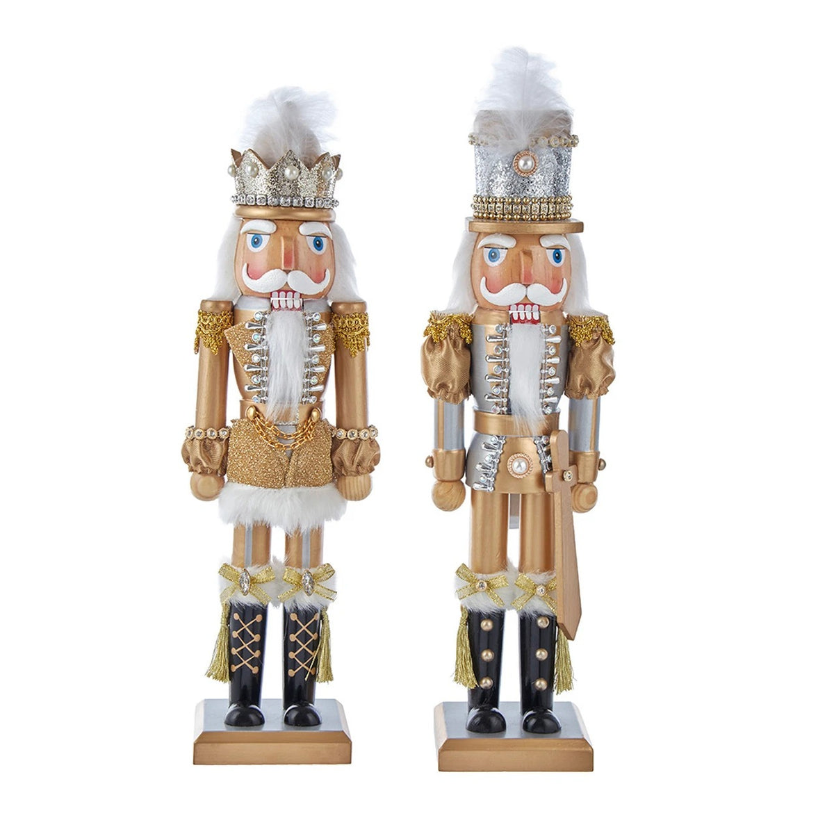 Two 15-inch gold and silver wooden nutcrackers with white fur trim and glitter accents.