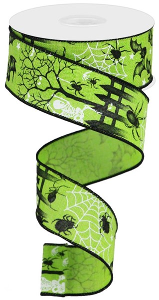 1.5 inch lime green Halloween ribbon with black spiders, webs, bats, and skeletons on a spool.