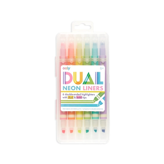 Set of six dual-ended neon highlighters with bold and fine tips in assorted colors.