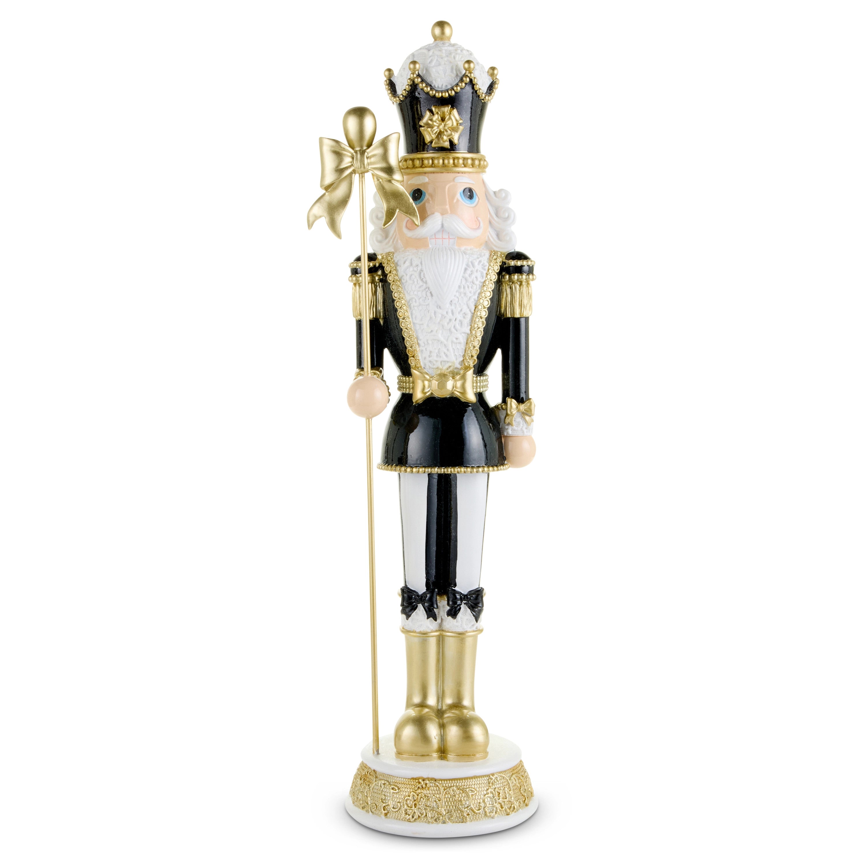 30-inch black and gold nutcracker figurine holding a staff with a gold bow.