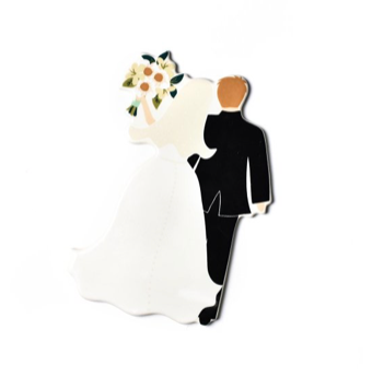 Ceramic bride and groom attachment featuring a white wedding dress and black tuxedo.