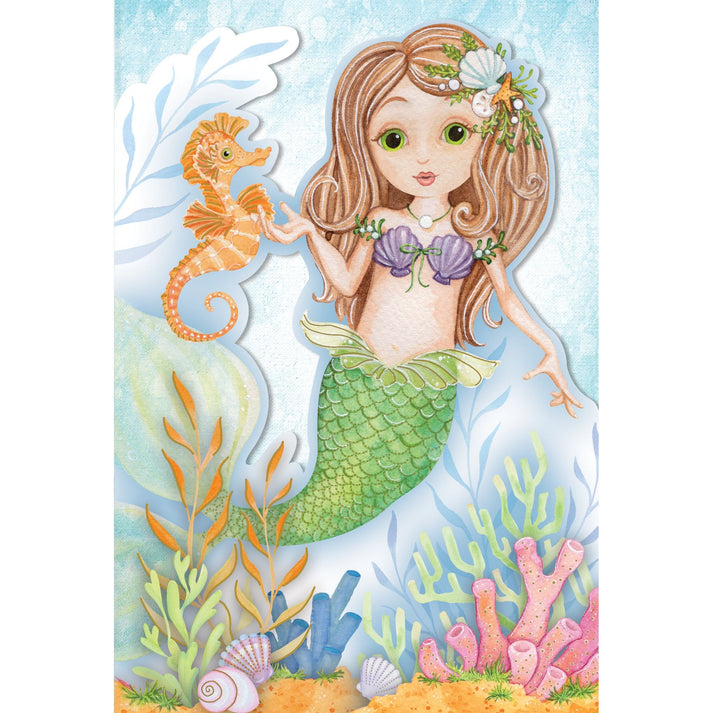 Birthday card with mermaid foil embellishments, embossed texture, die-cut silhouette, and magical wishes text.